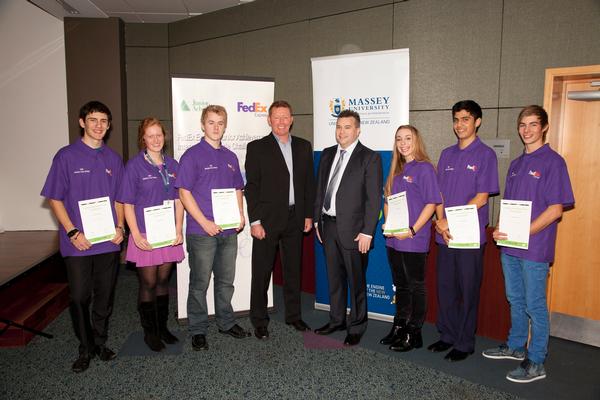 FedEx Team NZ 2012 L TO R: Lorenzo Peace, Isabella Morris, Joel MacManus, FedEx NZ Tony Dixon and Lee Davies, Alice McFall, Karan Deva, and Jesse Medcalf